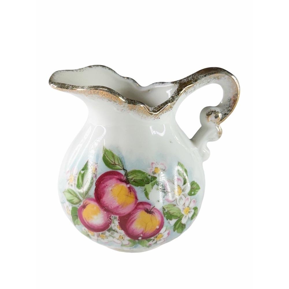 Vintage Hand Painted Creamer Underplate Set Pink Apples Gold Trim Porcelain EUC - Picture 6 of 13